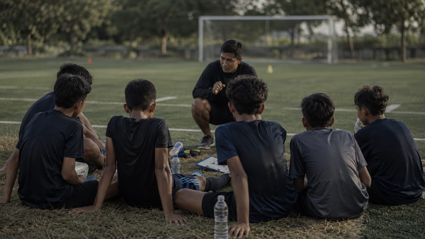 Pemain U-13 mendengarkan evaluasi coach di pinggir lapangan setelah pertandingan