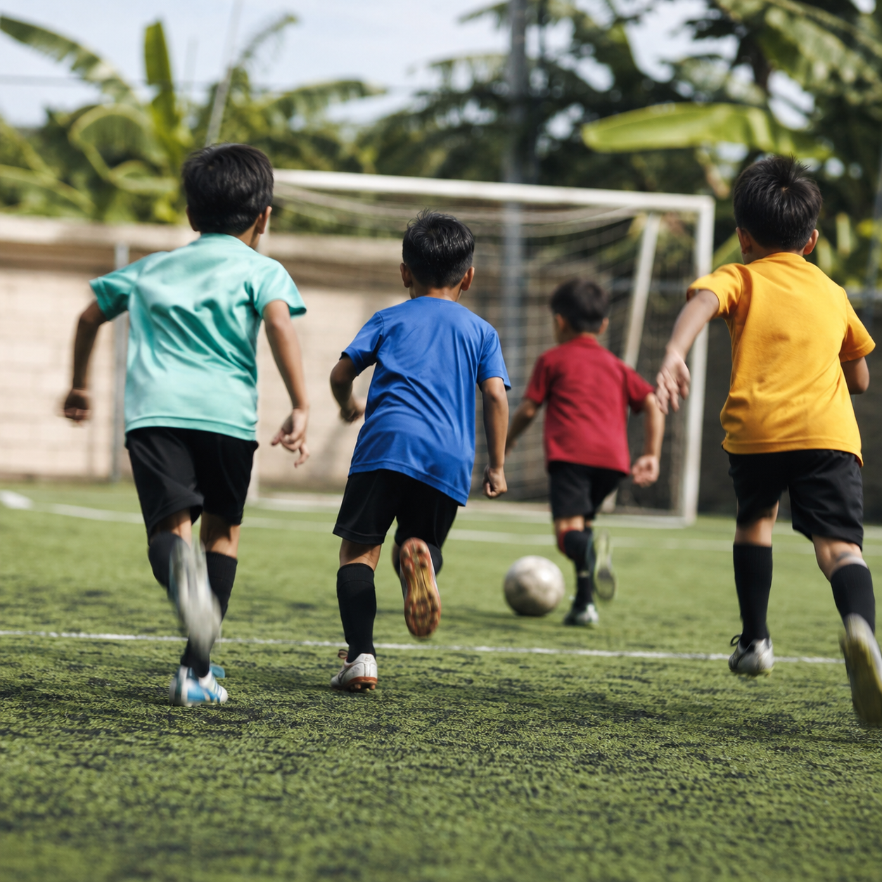 Pemain U-15 menggiring bola di sesi sore